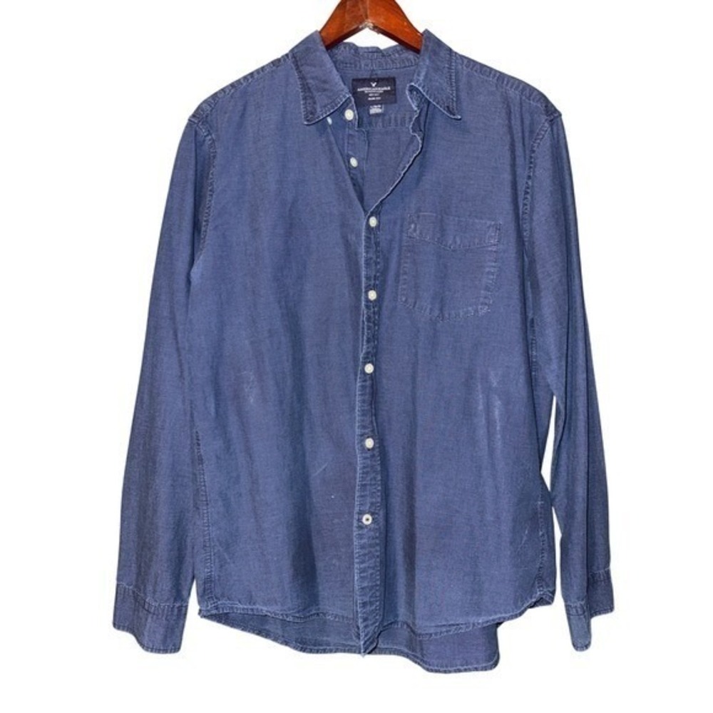 American Eagle Button Down Shirt Mens L Blue Slim Fit Microstripe Preppy Western